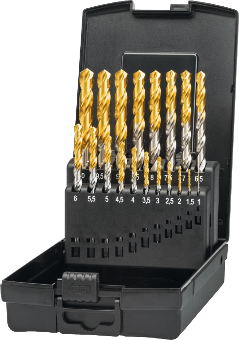 [19.141.1000] 19.141 HSS-E Spiral Drill Set DIN 338 TiN-tip, with three-flute shank, (hand use) (1-10 mm x 0,5 mm)
