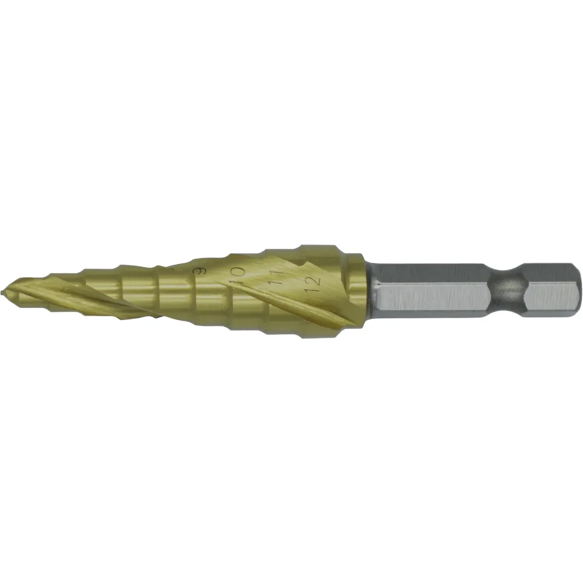 [44.125.0090] 44.125 HSS Stufen-Einstechbohrer, Ergo-Step DIN 3126-DIN ISO 1173 E6.3 spiralisiert, TiN, 1/4″ (6.35 mm) sechskantiger Schaft (4-5-6-7-8-9-10-11-12)