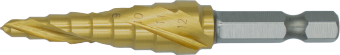 [44.125.0090] 44.125 HSS Stufen-Einstechbohrer, Ergo-Step DIN 3126-DIN ISO 1173 E6.3 spiralisiert, TiN, 1/4″ (6.35 mm) sechskantiger Schaft (4-5-6-7-8-9-10-11-12)