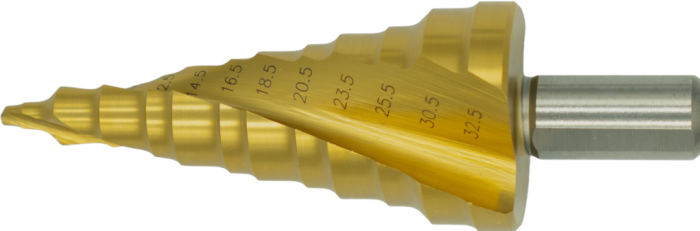 [44.135.1500] 44.135 HSS Stufen-Einstechbohrer, Ergo-Step EN 60423 für Kabelferrule (MF), TiN (8,5-10,5-12,5-14,5-16,5-18,5-20,5-23,5-25,5-30,5-32,5 (M10-M32))