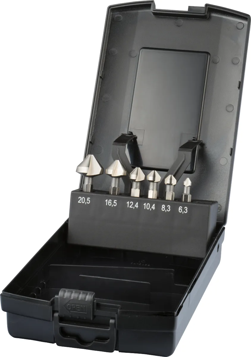 49.248 ECO HSS set Zinc Plated Screws DIN 3126-DIN ISO 1173 E6.3 42.543, 90°, 3 cutting edges, 1/4″ (6.35 mm) hex bit shank