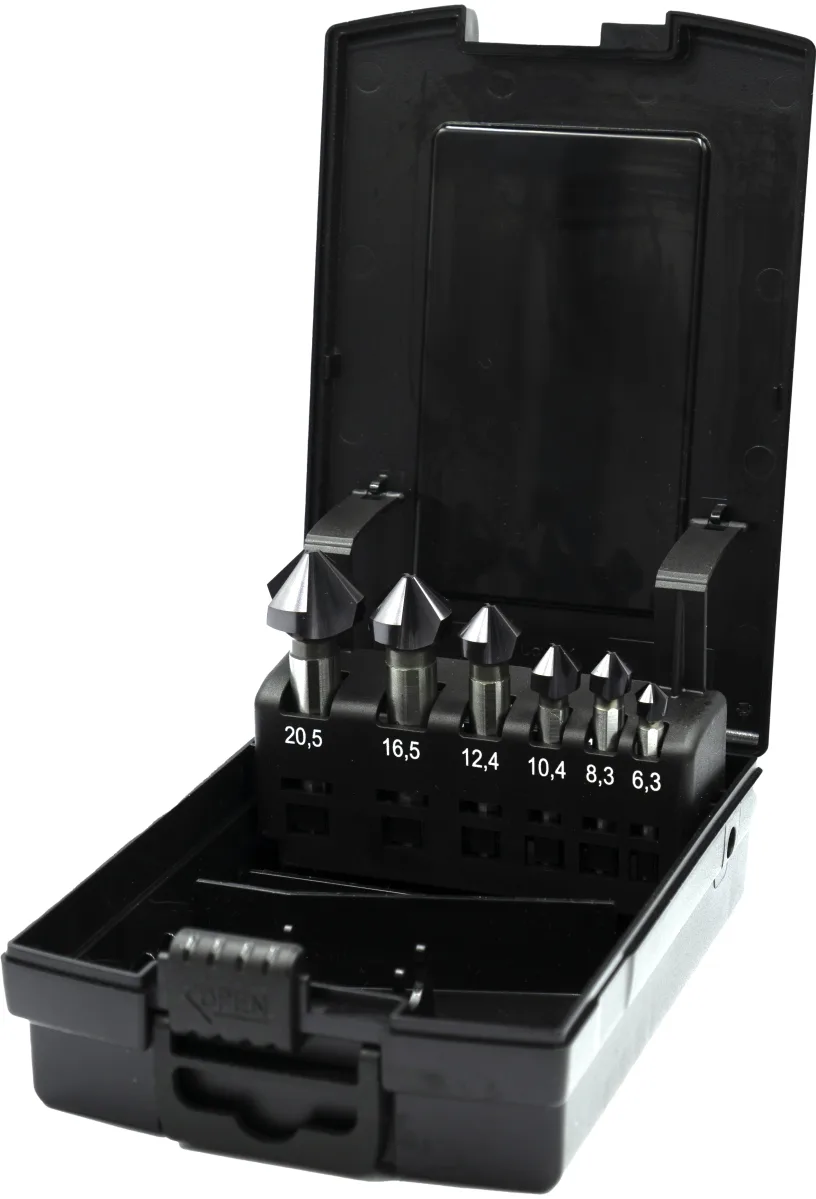 49.266 HP2 UNI HSS-E Set Vari Verzinkboren DIN 335-C 42.558, 90°, 3 snijkanten, AlTiN-X, met drievlaks schacht