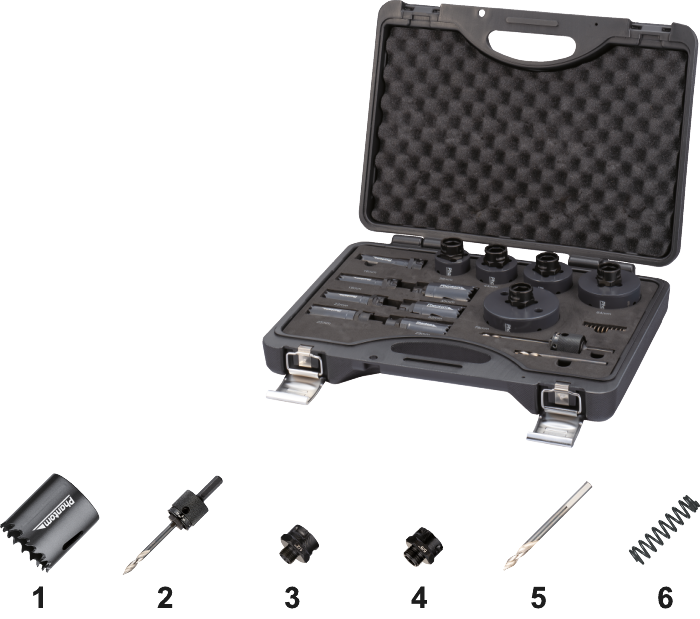 69.112 HSS-Co 8% Bi-Metaal Set Gatzagen 61.105, met Universele Quick-Change houder en adapters