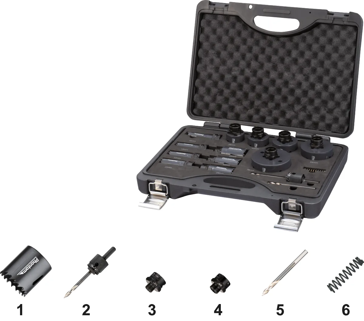 [69.112.1200] 69.112 HSS-Co 8% Bi-Metaal Set Gatzagen 61.105, met Universele Quick-Change houder en adapters (16, 19, 22, 25, 29, 32, 35, 38, 44, 51, 64, 76 mm)
