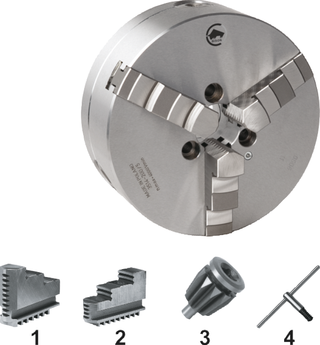 [85.421.1605] 85.421 Mandrin à trois mâchoires auto-centrant ISO 702-1 (DIN 55026), acier, type 3514 (160 mm, C 5 · d2 82,56 mm · d3 42 mm · d5 15,9 mm · d6 61,9 mm · Nettogewicht 11,1 kg · d4 -)